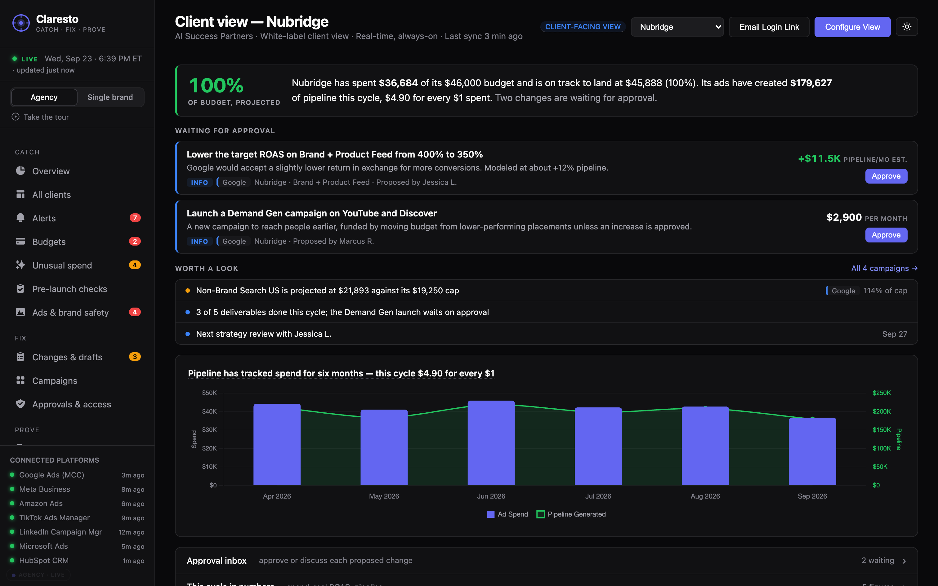 Claresto Client view — a live, read-only view for each client
